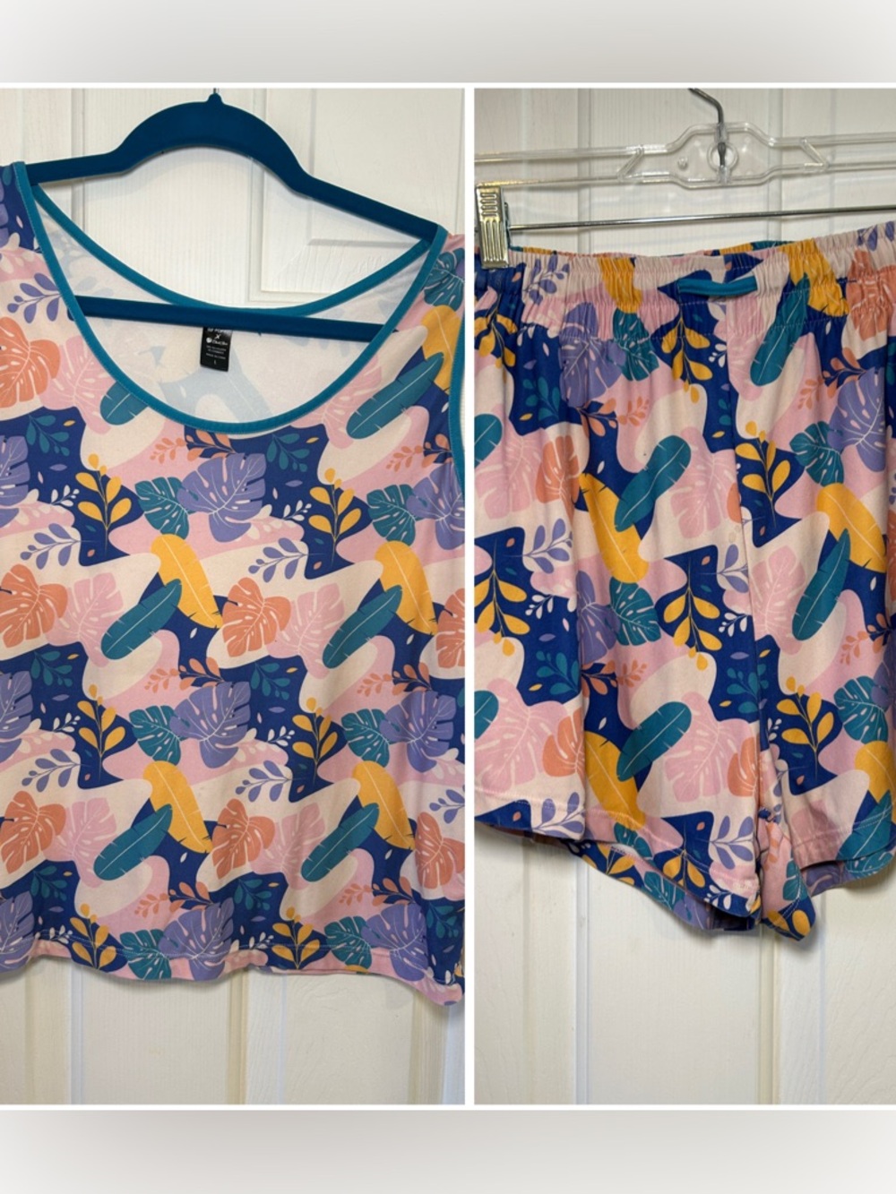 POP Fit Pajama Set Tropical Leaf Tank Top and Sleep Shorts with Pockets Large - Picture 2 of 10